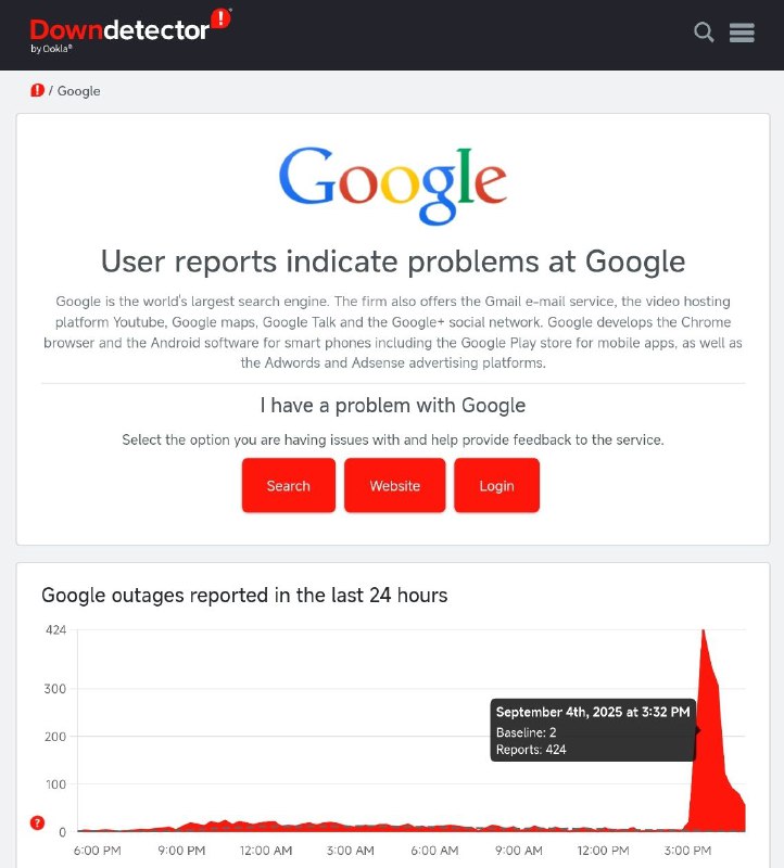 Google搜索等多项核心服务发生全球级别的故障，东欧和美国东部受影响最严重目前Google搜索和YouTube视频在全球部分地区出现访问中断，这次访问中断并非影响所有用户，而是部分用户在访问时出现无法连接或者无法登录等