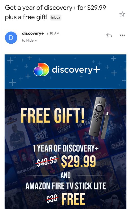 Discovery+ 开启优惠，购买$29.99年付送火棒(仅限收到优惠邮件者，内附优惠码)优惠码: DWB2021 (貌似是循环激活码)关注频道: @GodlyNews1投稿机器人: @GodlyNewsBot
