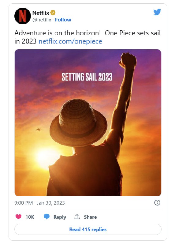 真人版海贼王将于今年播出，但是 Netflix 没有给出确切日期🗒 标签: #海贼王 #Netflix📢 频道: @GodlyNews1🤖 投稿: @GodlyNewsBot