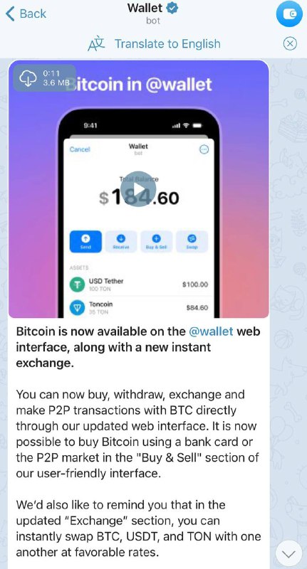 Telegram 宣布，官方的 Wallet Bot支持BTC此前，3月23号就曾新增USDT支持🗒 标签: #Telegram #Wallet #BTC 📢 频道: @GodlyNews1🤖 投稿: @GodlyNewsBot
