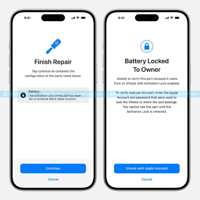 iPhone 12及更新机型中的电池、显示屏、摄像头等可更换部件现在可以链接到您的Apple帐户，如果它们被安装在另一台iPhone上，则会显示硬件激活锁