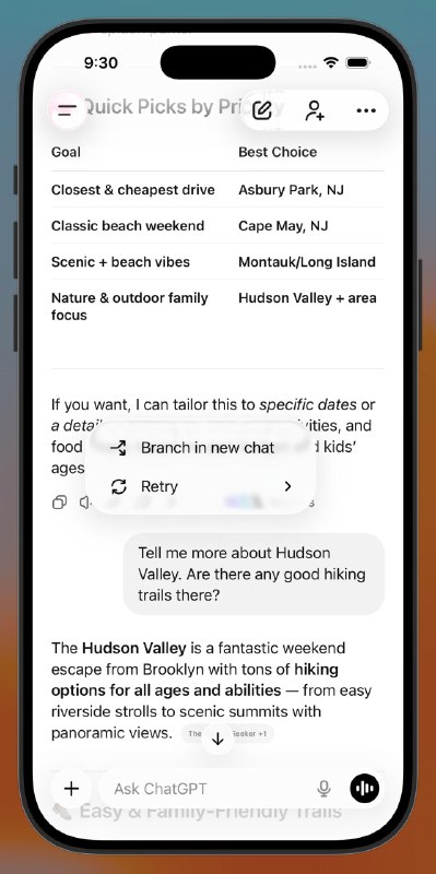 ChatGPT移动端上线“对话分支”功能，多线程思考可自由切换目前已在iOS 和 Android 上推出，此前只能通过网页版使用该特性🗒 标签: #OpenAI #ChatGPT📢 频道: @GodlyNews1🤖 投稿: @GodlyNewsBot
