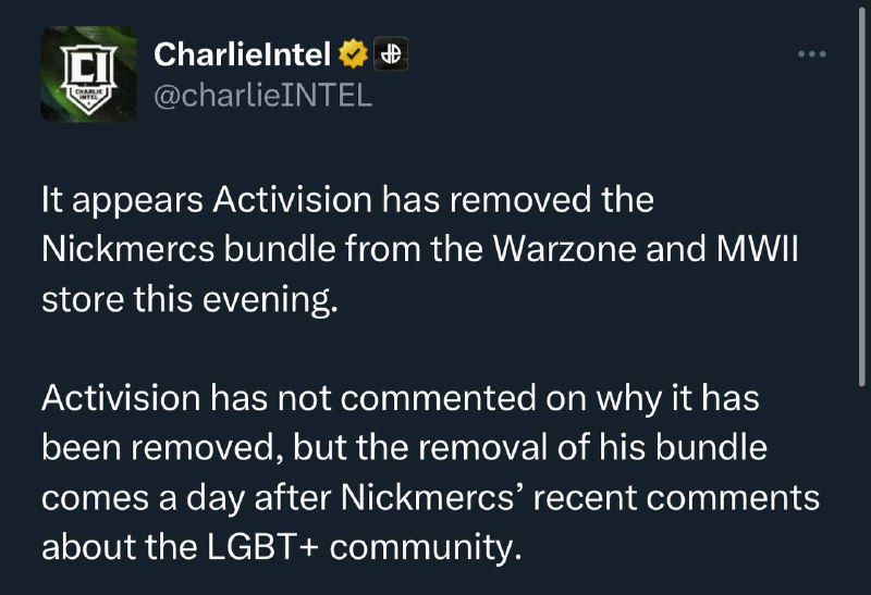一名主播发表恐同言论后，《使命召唤》删除了该主播的皮肤 Nickmercs的干员皮肤已经从《现代战争2》和《使命召唤:战区》商店中移除，原因是Nickmercs发表了恐同言论
