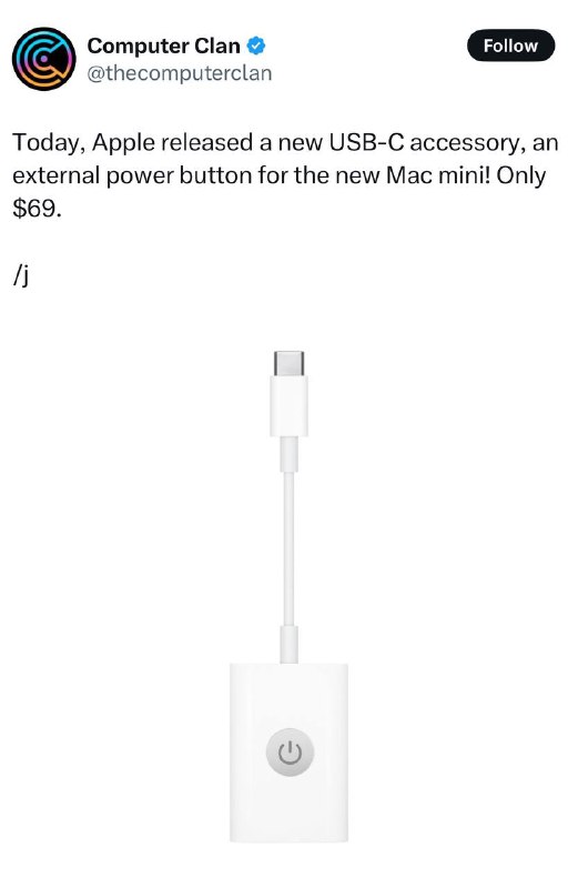 Mac mini的USB-C 开机按钮虽然是整活，但这像是苹果能干出来的事🗒 标签: #Apple #Mac #MacMini 📢 频道: @GodlyNews1🤖 投稿: @GodlyNewsBot