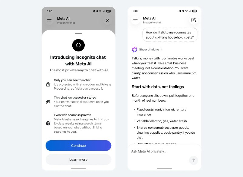 扎克伯格宣布 Meta AI 推出“完全私密”的加密聊天在无痕聊天里，AI 发出的消息在用户退出聊天会话后就会自动消失；Meta 称这也是它区别于其他机器人的地方