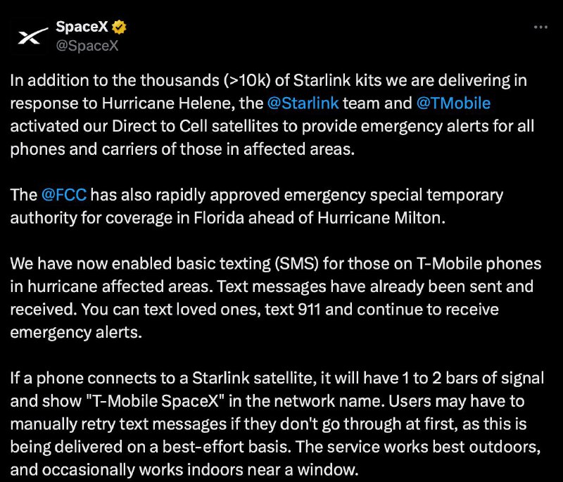 Starlink 和 T-Mobile 的卫星短信服务已在佛罗里达州推出美国联邦通信委员会（FCC）已批准在受飓风海伦影响的地区，以及飓风米尔顿即将登陆的地方，使用星链卫星发送短信
