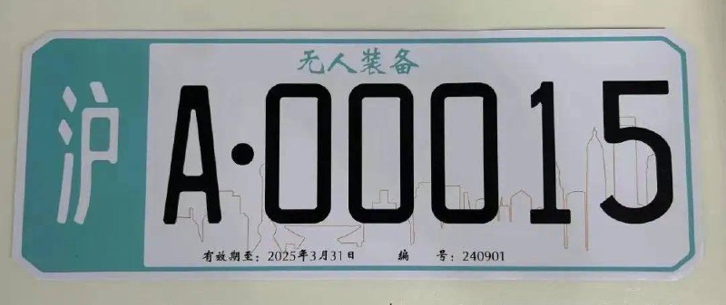上海市首批无人驾驶装备识别标牌新车牌采用欧盟同款的白底黑字，带城市轮廓线条；最左侧地区简称部分，用上类似蒂芙尼蓝的底色