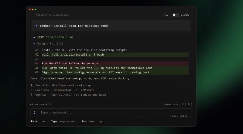 xAI推出Grok Build （CLI）早期测试版目前处于早期测试阶段，面向 SuperGrok Heavy 订阅用户Grok Build 是一款新的编码智能体，可直接在你的终端里运行