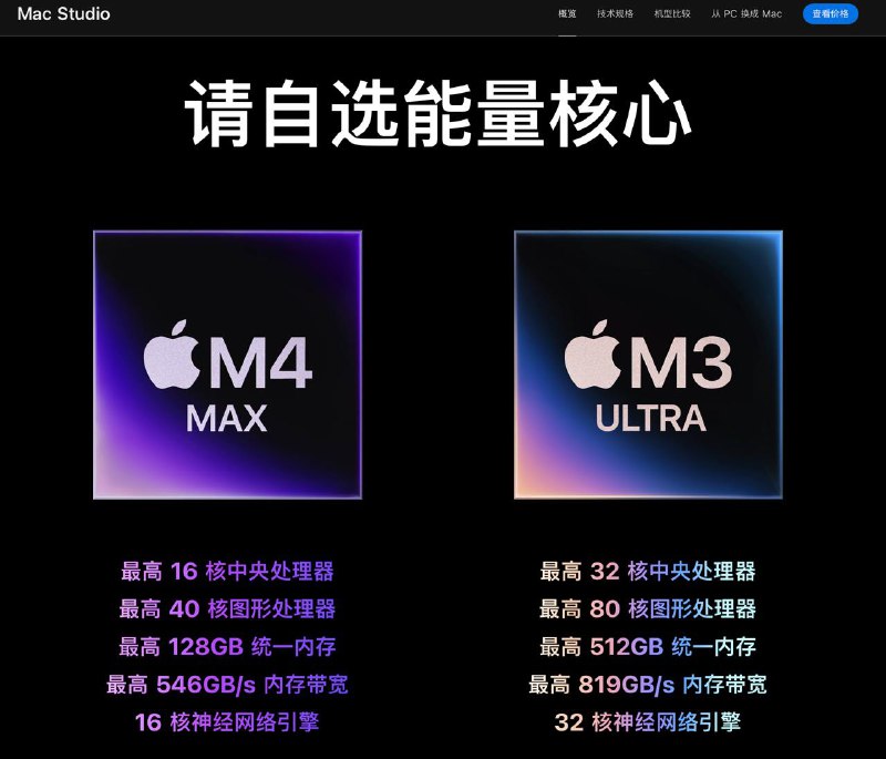 Apple 发布搭载 M4 Max / M3 Ultra 的 Mac Studio🔧 芯片表现新款M3 Ultra 芯片配备多达 32 核 CPU，包括 24 个性能核心和 8 个效率核心