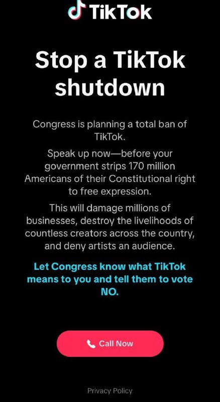 TikTok 全屏弹窗向美国国会贴脸开大，用户打爆国会电话面对美国国会要求字节在165天内剥离TikTok的法案，TikTok并没有坐以待毙，而是发起反击