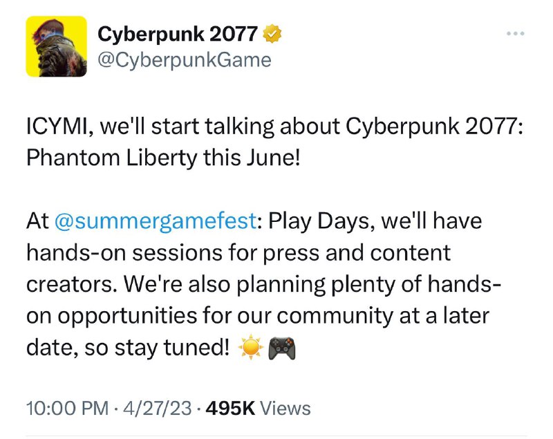 《赛博朋克2077》DLC“往日之影”将于6月份的夏日游戏节放出更多新内容官方表示将为游戏媒体和内容创作者提供试玩环节，并会在晚些时候向玩家群体送出大量的试玩机会🗒 标签: #DLC #赛博朋克📢 频道: @GodlyNews1🤖 投稿: @GodlyNewsBot
