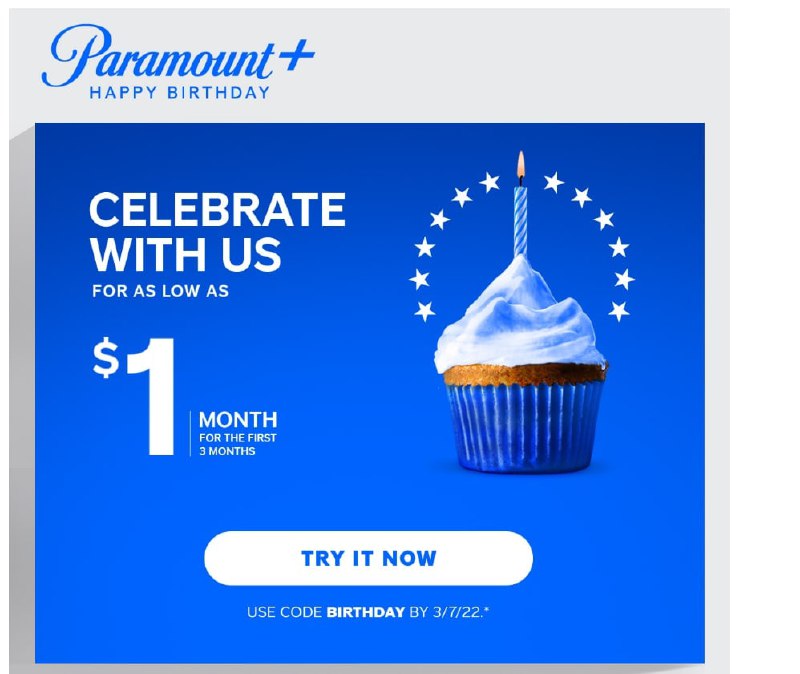 #Paramount 迎来一周年生日,使用优惠码: BIRTHDAY ,基础版(带广告)前三个月只需$1,高级版$2关注频道: @GodlyNews1投稿机器人: @GodlyNewsBot