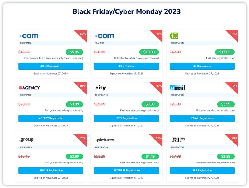 NameSilo 黑五：域名首年优惠页面里还有很多优惠，截图截不完，自行探索结帐时可使用$1专属优惠码：yummybest