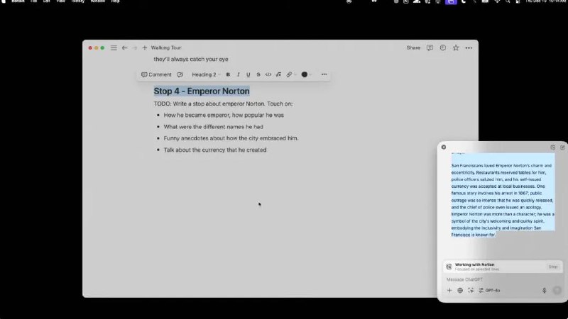 ChatGPT 现在能够直接通过语音或文本在 macOS 上与更多的编程和笔记应用程序进行协作全新桌面版 ChatGPT 将超越单纯的问答，能够通过与 30 多种应用协作来辅助提升你的写作和编程能力