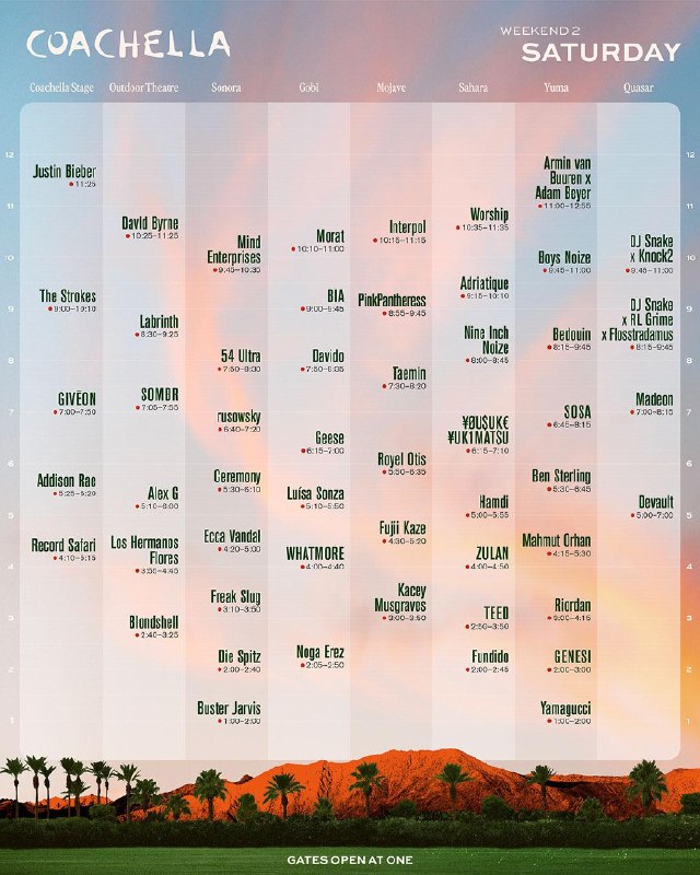 Coachella 2026 WK2 SATURDAY｜Justin Bieber 23:25（PDT）压轴登场北京时间 4 月 19 日中午 14:25 （UTC+8） 📺 Coachella 主舞台 /  📺 Justin Bieber 个人频道🗒 标签: #Coachella #科切拉音乐节 #JustinBieber📢 频道: @GodlyNews1🤖 投稿: @GodlyNewsBot