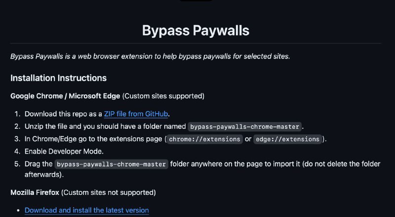 Bypass Paywall 替代品，支持多客户端Bypass Paywalls Clean for Chrome，这是一个1.3K Star 的项目，上一个 Bypass Paywalls 项目由于近2年未更新，绝大多数网页也已失效
