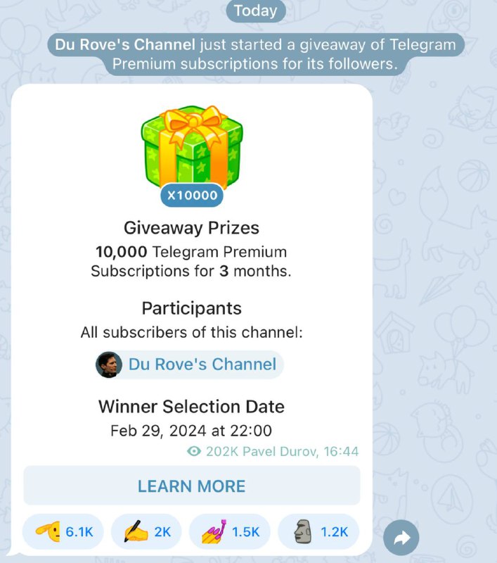 Telegram 创始人杜洛夫频道正在抽奖：3个月的Telegram Premium ✖️ 10,000
