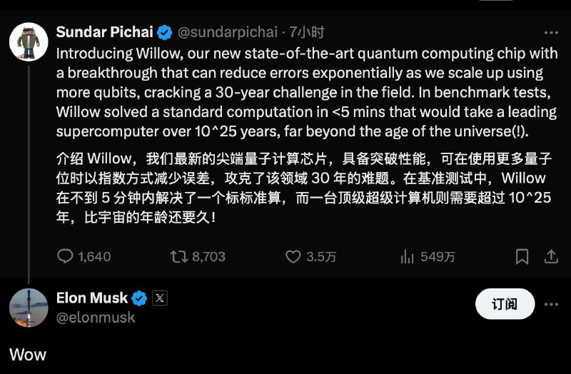Google的 Willow 量子芯片问世，攻克了该领域 30 年的难题刚刚谷歌 CEO 劈柴哥激动地宣布，谷歌最新的量子计算芯片 Willow 已经问世！Willow 在基准测试中取得了惊人的成绩：在不到 5 分钟内完成了一项标准计算，而这需要顶尖超算超过 10^25 年——比宇宙年龄还长！消息一出，连马斯克都惊叹：“Wow！” 劈柴哥还提议未来用 SpaceX 的星舰在太空里建个量子集群，马斯克表示：“这很可能会发生