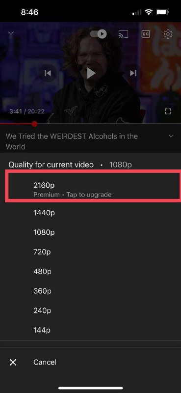 YouTube 正在测试付费观看4K 视频有人在 Reddit 论坛称，部分视频在未开通YouTube Premium 的情况下，无法切换到4K 画质据猜测，此举是为了让更多人开通YouTube Premium 以达到创收的目的