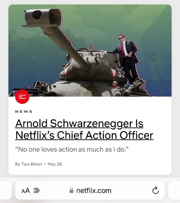 不服老！Netflix 聘请75岁的阿诺施瓦辛格担任动作总监阿诺·施瓦辛格接任Netflix的动作指导总监职位，他兴奋地表示：