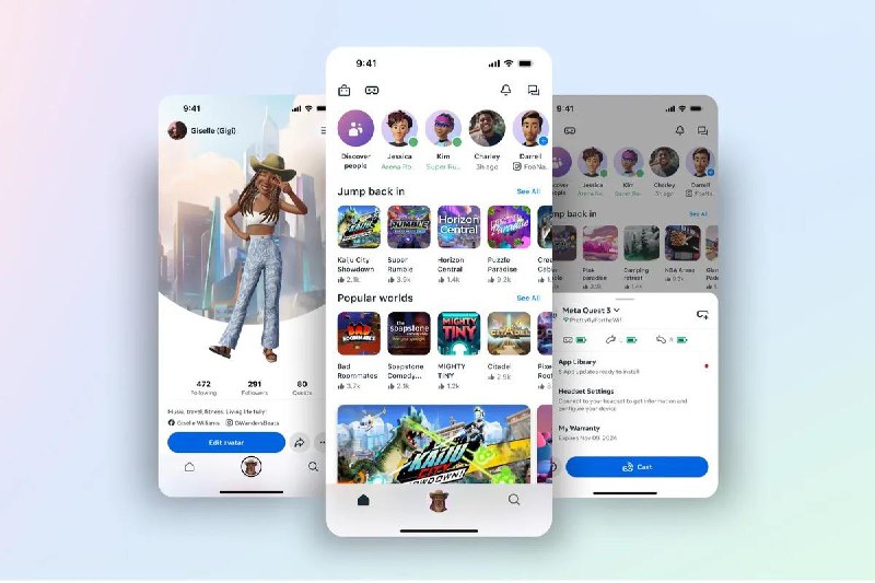 Meta 重新设计的 Quest 应用大幅强调了 Horizon Worlds现在这款名为 Meta Horizon 的应用程序，可以让你在手机上完成任务并自定义你的头像
