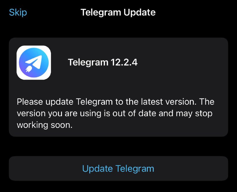 Telegram现在会在应用内提示需要更新，否则后续可能无法正常使用