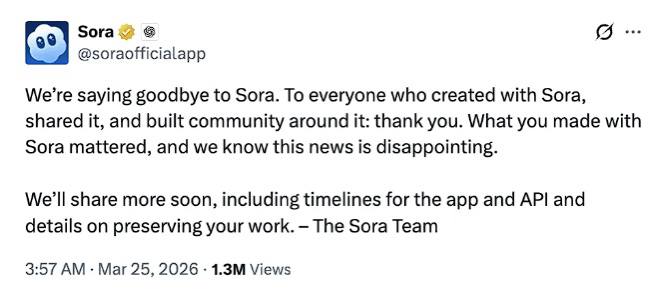OpenAI宣布关停AI视频平台Sora，迪士尼10亿美元投资随之告吹OpenAI的Sora团队发布声明称，即将与Sora告别