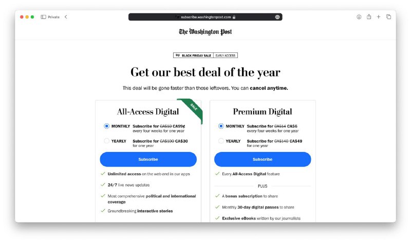 华盛顿邮报黑五特惠，年付约 CN¥60如果价格不对，先返回主页再点订阅via 匿名🗒 标签: #华盛顿邮报 #黑五📢 频道: @GodlyNews1🤖 投稿: @GodlyNewsBot