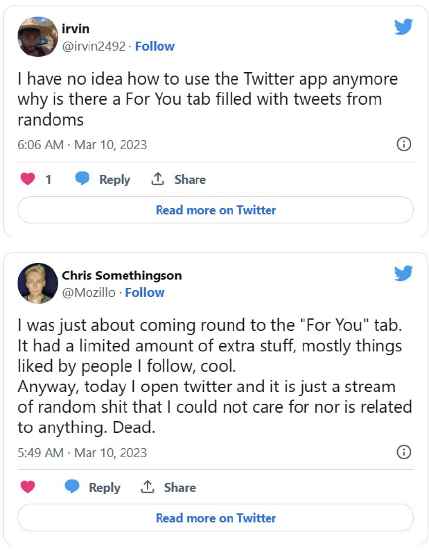 Twitter 用户抱怨经常看到他们不关注的帐户的推文今年早些时候，Twitter发布了一项更新，迫使用户每次打开应用程序时都会看到带有建议推文的“For You”选项卡