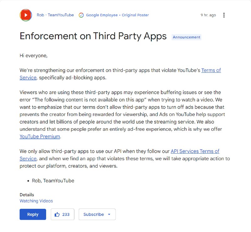 YouTube 现在开始打击包括第三方应用在内的广告屏蔽器YouTube 正在将其广告拦截器之战带入移动端