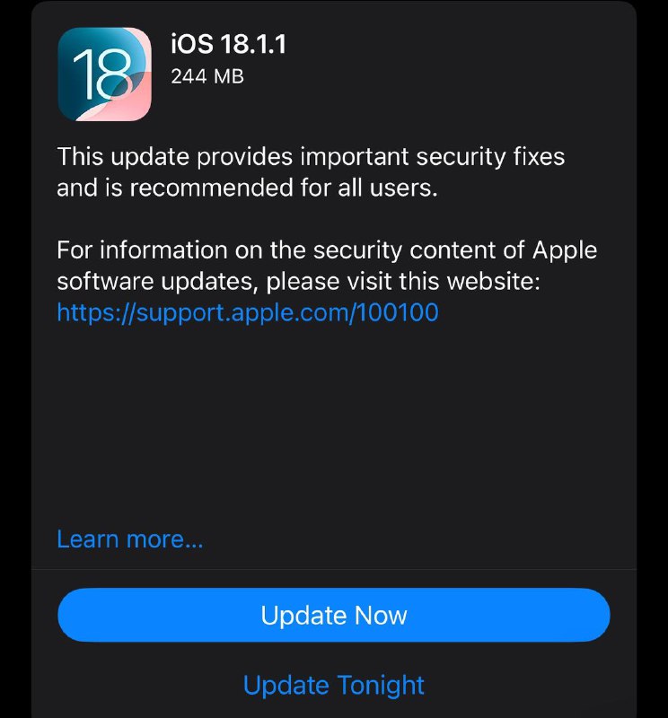 Apple发布 iOS 18.1.1 正式版🗒 标签: #Apple #iOS📢 频道: @GodlyNews1🤖 投稿: @GodlyNewsBot