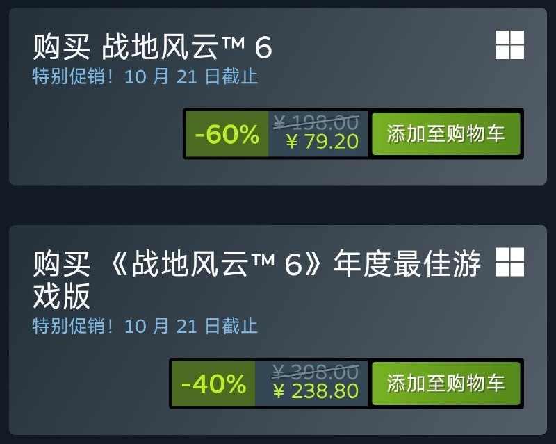 《战地风云 6》再次促销，开启新史低，标准版现¥79.2继秋促永降以¥99售卖后，《战地风云 6》今天在Steam再次开启新史低促销，现在只需¥79.2就能拿下标准版