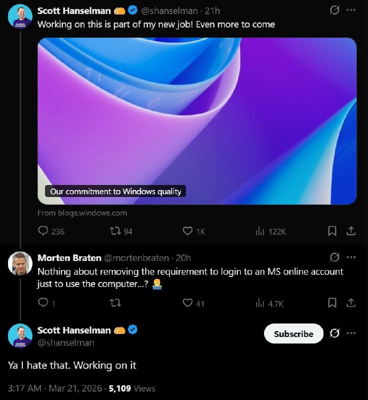 Windows 11 有望取消强制微软账号登录安装流程微软正面临来自公司内部的压力，要求放宽甚至取消在 Windows 11 初始安装过程（OOBE）中强制使用微软账号登录的政策