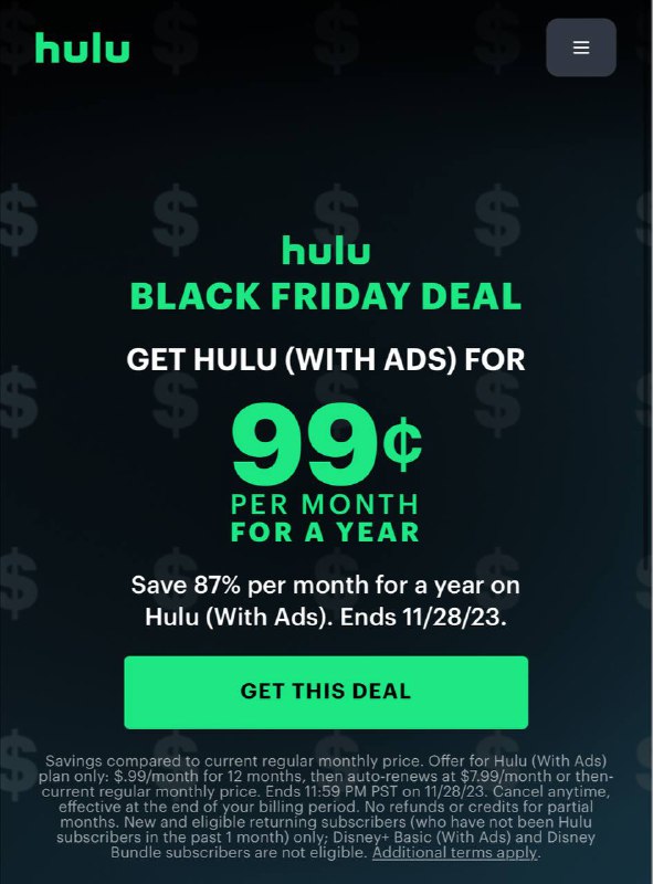 Hulu Black Friday ：广告支持计划仅需$0.99/月，优惠周期12个月，结束后恢复$7.99/月