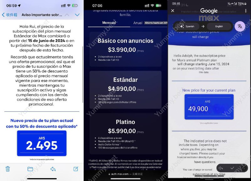 接多位用户投稿，阿根廷区 Max 疑似涨价，官网直订的老用户收到了涨价邮件，称从6 月 15 日起，铂金计划（最高级计划）的年费将涨至 49900 ARS，约 407 人民币