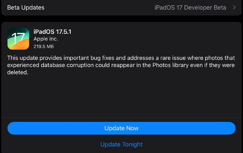 苹果推出iOS 17.5.1，致力于修复「相册出现已删除的相片」Bug此前，用户报告更新至iOS 17.5后，已被删除的的NSFW照片又重新出现了🗒 标签: #Apple 📢 频道: @GodlyNews1🤖 投稿: @GodlyNewsBot