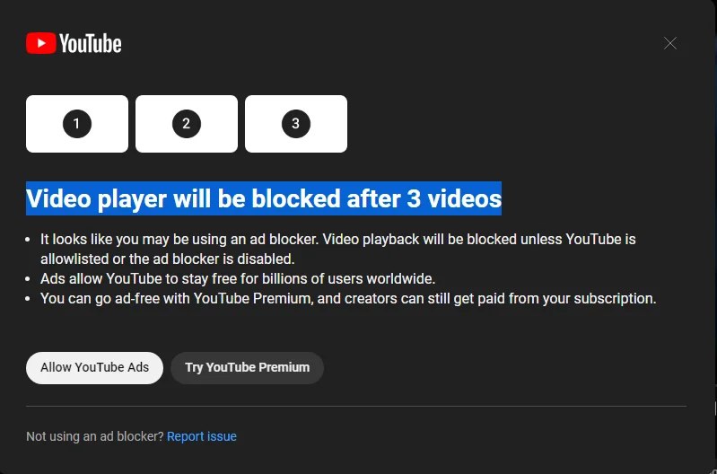 YouTube 开始封锁Ad Blocker 被封者只限看3 段影片今年5 月，YouTube 测试封锁使用Ad Blocker 的浏览器观看YouTube，少部份用户收到有关提示讯息