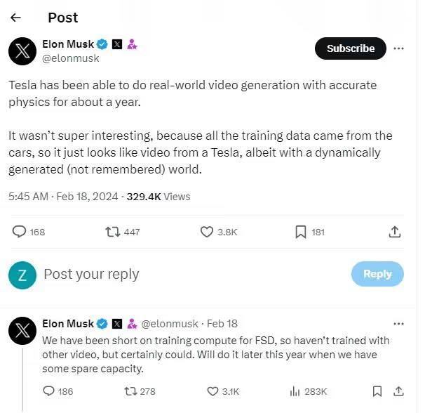 马斯克谈Sora：特斯拉一年前就能以精确的物理生成真实世界的视频，只是FSD训练算力不足在回复X用户DrKnowItAll分析比较OpenAI Sora和特斯拉FSD V12的一个帖子时，马斯克说：“特斯拉在大约一年前就能以精确的物理生成真实世界的视频
