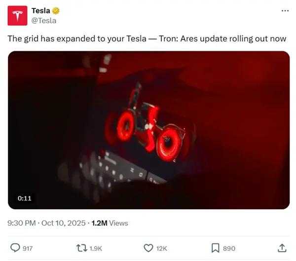 特斯拉车机更新，包含迪士尼新电影《创：战神》植入广告10月10日，特斯拉宣布向车主推送系统更新，其核心内容实则为迪士尼新电影《创：战神》的宣传广告