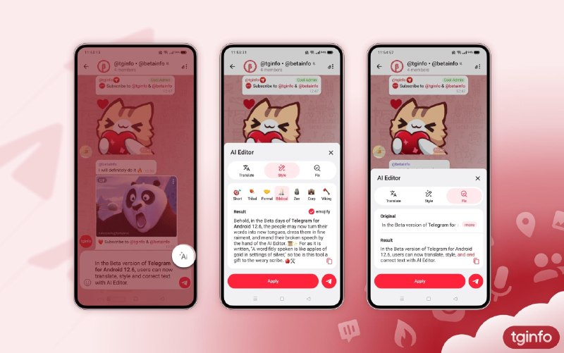 Telegram 投票功能改进和AI文本编辑器（测试中）Telegram 团队正在 Android 版 Telegram 12.6 的 Beta 版本 中测试一批 重量级新功能🗳 投票功能全面升级* 投票现在支持 结束倒计时* 选项中可以添加 图片或其他媒体* 投票选项可设为 随机顺序显示* 参与者可以自己提交新选项* 每个投票选项都有 独立链接 ，可以直接跳转* 支持对选项 回复、复制或删除 （包括用户自己添加的选项）---🤖 AI 文本编辑器 & 翻译助手* 内置 AI 助手，可用于：  * 翻译文字  * 修正语法和拼写错误  * 改写语气和风格  * 自动添加合适的表情符号* 普通用户可免费使用几次* Premium 用户拥有更高的使用额度---📸 Motion Photos（动态照片）* 支持查看和发送“动态照片”* 这类照片会保留 按下快门前后的一小段视频 ，类似实况照片的效果---🎵 个人资料里的音乐功能* 可以在个人资料中：  * 搜索自己保存过的音乐  * 直接从手机存储中上传音频  * 使用 Telegram 里已有的共享音频文件---🔔 界面提示优化* @ 提及和表情反应 的显示样式重新设计* 在聊天列表中， 可以直接看到你的投票有了新投票提醒---以上功能目前都还在 **测试阶段**，只在 Android Beta 版中可用，正式上线时细节可能还会调整