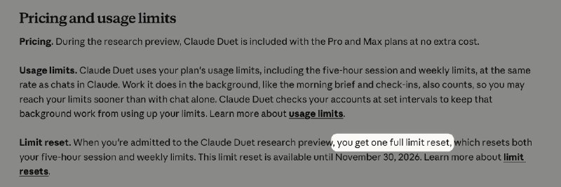 拿到Claude Duet测试资格的记得薅一张免费重置卡（full limit reset）• 可同时重置Claude Code和Claude Duet的额度（两者共享额度）• 重置卡将于11月30日过期