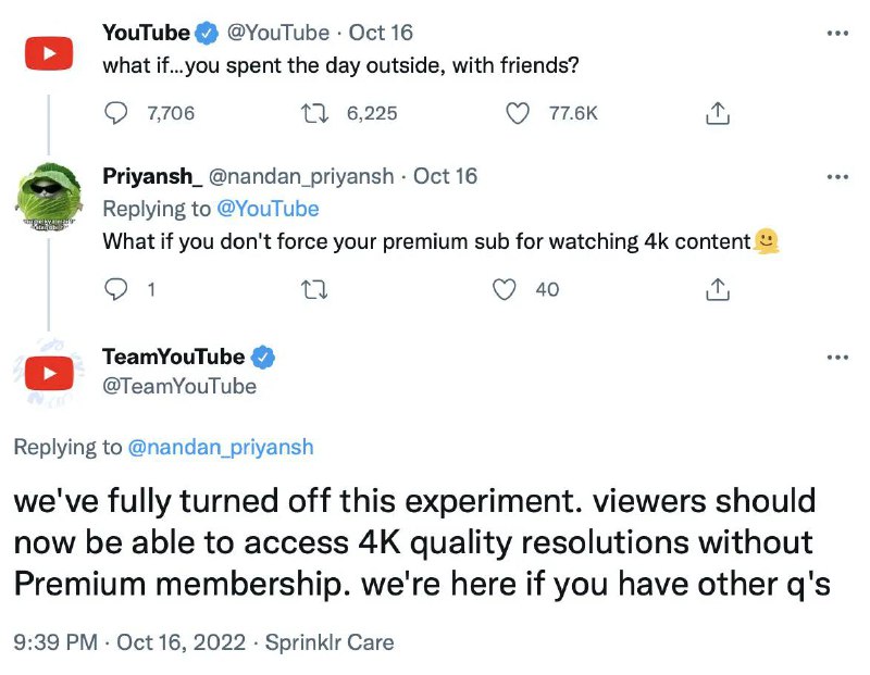 YouTube 结束了付费观看的4K画质的测试，但不一定意味着以后不会正式上线🗒 标签: #YouTube #4K📢 频道: @GodlyNews1🤖 投稿: @GodlyNewsBot