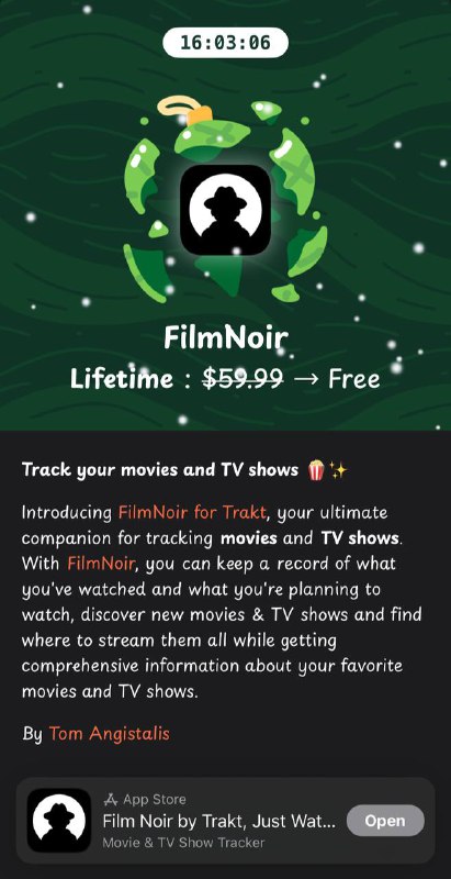 FilmNoir 限免: $59.99 -> 免费类似JustWatch 的软件，可以查询影片上映地区，链接Trakt同步观影记录