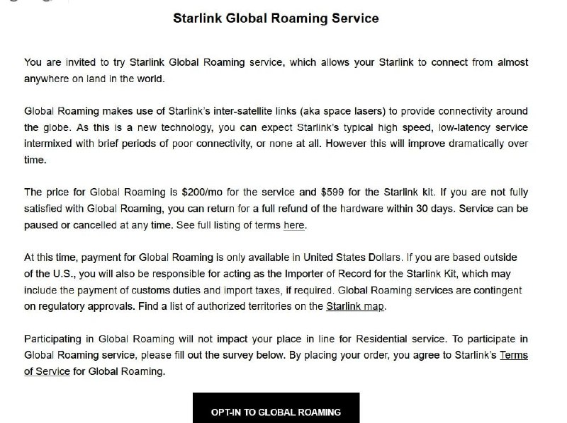 Starlink 正在测试每月200美元的“全球漫游”互联网服务Starlink 正在测试一项新的卫星互联网服务，根据一些Starlink用户收到的消息，这可以让你“从世界上几乎任何地方连接”