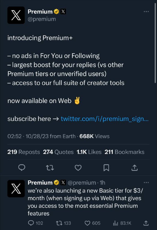 X推出了两种新的订阅服务以前被称为Twitter的平台X推出了一项新的每月16美元的Premium Plus计划，该计划允许用户支付更多费用，以获得最大的回复提升