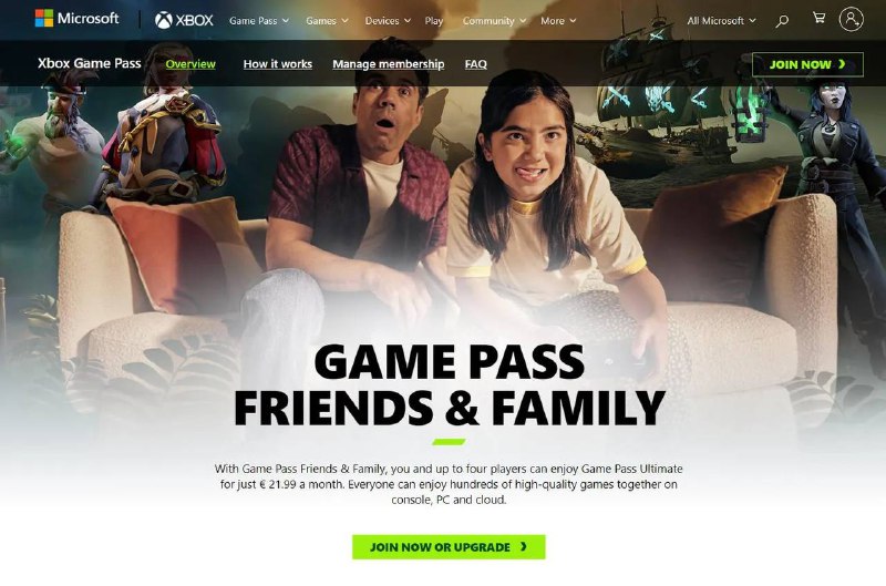 泄密被证实，微软官宣上线 “Game Pass Friends & family” 计划微软目前正在爱尔兰和哥伦比亚测试这个新的Xbox Game Pass Friends & Family计划，定价为每月21.99欧元，而不是Xbox Game Pass Ultimate的常规每月12.99欧元