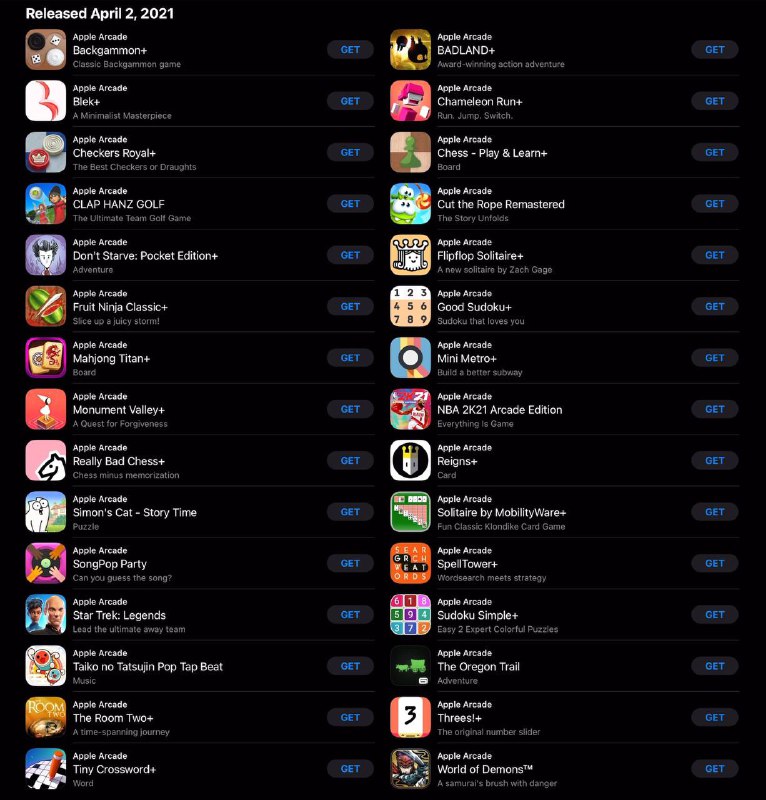 Arcade 今天突然毫无征兆地上架了 30 款经典游戏，其中很多都是曾经极度受到欢迎的游戏，例如：* 饥荒* 太鼓达人* 水果忍者* 纪念碑谷* 未上锁的房间 2* Cut the Rope* BADLANDS* Mini Metro* Chameleon Run完整的游戏列表在上图