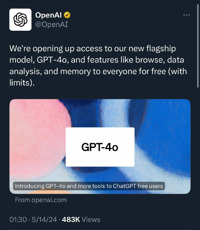 OpenAI宣布将免费（有限制）向所有人开放新旗舰型号GPT-4o