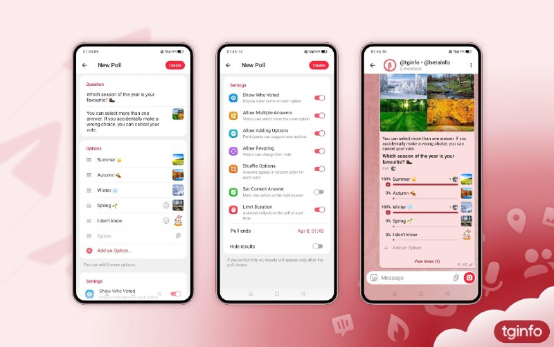 Telegram 投票功能改进和AI文本编辑器（测试中）Telegram 团队正在 Android 版 Telegram 12.6 的 Beta 版本 中测试一批 重量级新功能🗳 投票功能全面升级* 投票现在支持 结束倒计时* 选项中可以添加 图片或其他媒体* 投票选项可设为 随机顺序显示* 参与者可以自己提交新选项* 每个投票选项都有 独立链接 ，可以直接跳转* 支持对选项 回复、复制或删除 （包括用户自己添加的选项）---🤖 AI 文本编辑器 & 翻译助手* 内置 AI 助手，可用于：  * 翻译文字  * 修正语法和拼写错误  * 改写语气和风格  * 自动添加合适的表情符号* 普通用户可免费使用几次* Premium 用户拥有更高的使用额度---📸 Motion Photos（动态照片）* 支持查看和发送“动态照片”* 这类照片会保留 按下快门前后的一小段视频 ，类似实况照片的效果---🎵 个人资料里的音乐功能* 可以在个人资料中：  * 搜索自己保存过的音乐  * 直接从手机存储中上传音频  * 使用 Telegram 里已有的共享音频文件---🔔 界面提示优化* @ 提及和表情反应 的显示样式重新设计* 在聊天列表中， 可以直接看到你的投票有了新投票提醒---以上功能目前都还在 **测试阶段**，只在 Android Beta 版中可用，正式上线时细节可能还会调整