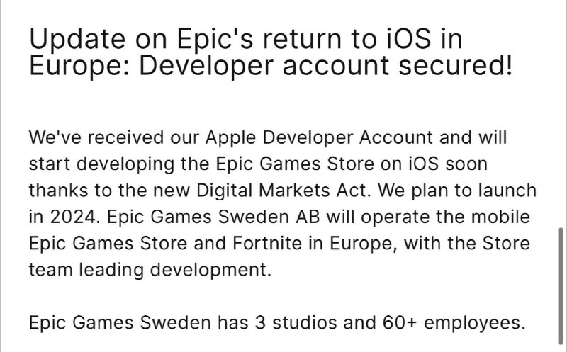 Epic：感谢欧盟数字市场法，苹果开发帐号已解封，将于今年晚些在iOS 推出 Epic Games Store